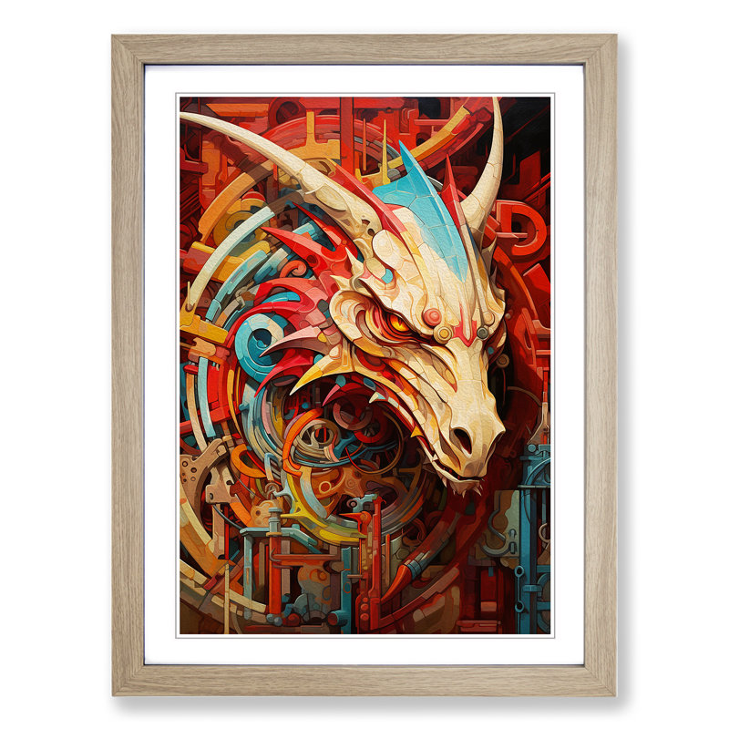 Dragon Constructivism - Single Picture Frame Print on Wood, 64cm H x 46cm W, Oak Framed