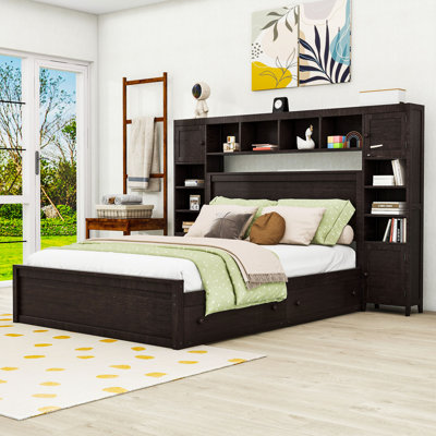 Queen Bed with Built-In Outlets and Storage Drawers and Shelves