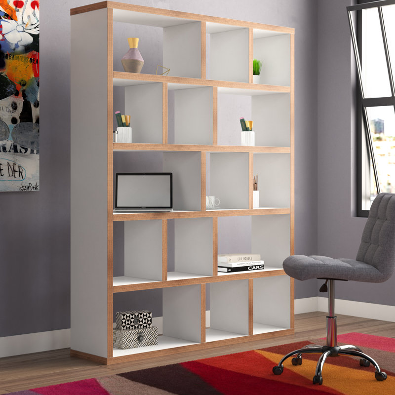 Bibliothèque en bois manufacturé Stetson, Blanc pure / contreplaqué, (Cinq tablettes) H 78 po x l 59 po x P 13 po