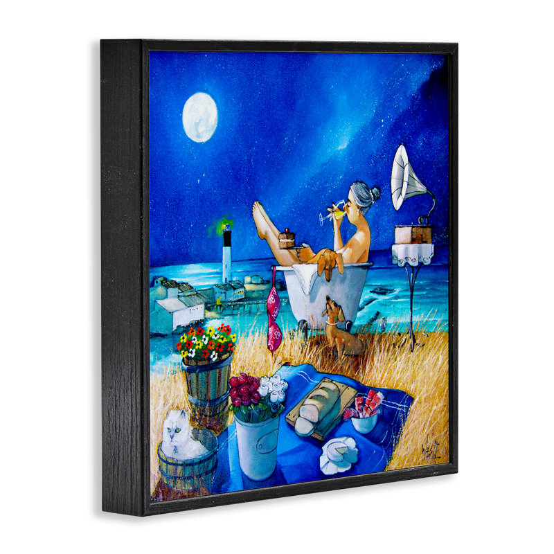 «Nighttime Bath by Sea», estampe numérique encadrée par Ronald West, Giclée encadrée noir minuit, H 24 po x l 24 po