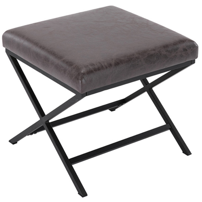 20" Square Faux Leather Ottoman With Metal X-Base, Modern Industrial Accent Stool For Living Room, Bedroom, 18'' Height