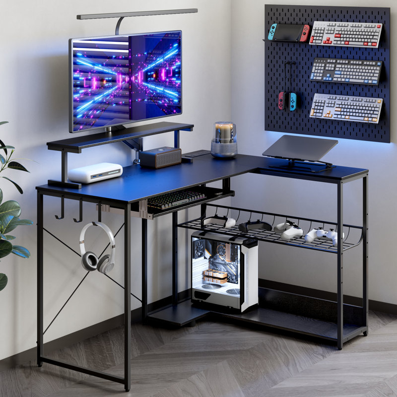 Bureau d'ordinateur en L avec lumière DEL et prise de courant, Noir