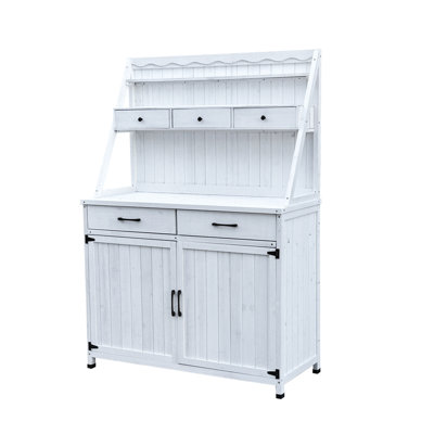 White Wooden Outdoor Potting Bench Table Ample Storage, 64.5in Height, Farmhouse Style, Durable, Ideal For Gardening Tasks