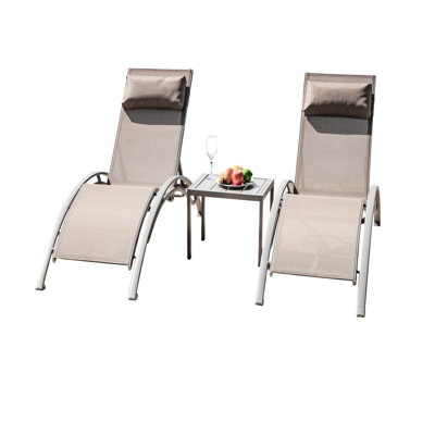 3 chaises longues de piscine - Chaises d'extérieur réglables en aluminium antirouille avec table d'appoint pour terrasse en bord de piscine, 5 positions, tissu kaki et zone en métal