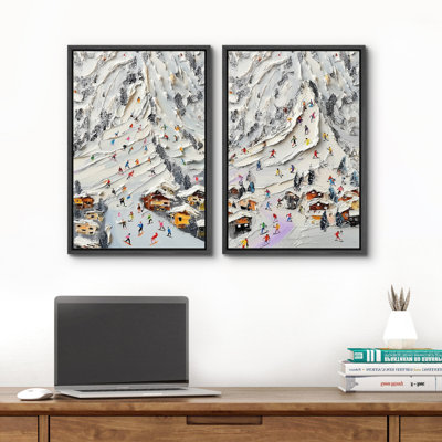 Colorful Ski Resort Winter Mountain Village Scene Framed Master Bedroom Wall Art Work 2 Pieces Print