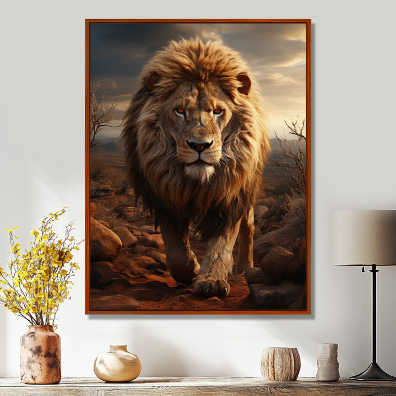 Moniet animal lion à Savan - impression, H 32 po x l 16 po x P 1 po, Cadre flottant brun