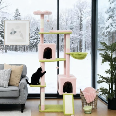 73.6" Cat Tree With Flower Fantasy, Suitable For 2 - 3 Cats, Multiple Scratching Areas, Cozy Spaces, Soft Interior Multi Tree, Fantasy Design, Two Condos, , And Scratching, Widened Base