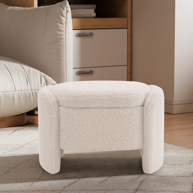 Storage Bench With Lamb Fleece Fabric, Vanity Stool Chair, Upholstered Ottoman With Small Hidden Storage For Bedroom, Living Room, Entryway, No Assembly Required, Ivory