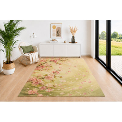 "Ultra Lightweight" 5'x7' Cherry Blossom Area Rug for Living Room, Soft Low Pile Indoor Rug with Non-Slip Backing, Sakura Carpet for Bedroom, Dining Room, Office, Pink Green
