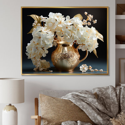 «Baroque Hydrangea» blanc et or V - Hydrangea, reproduction d'art sur toile encadrée