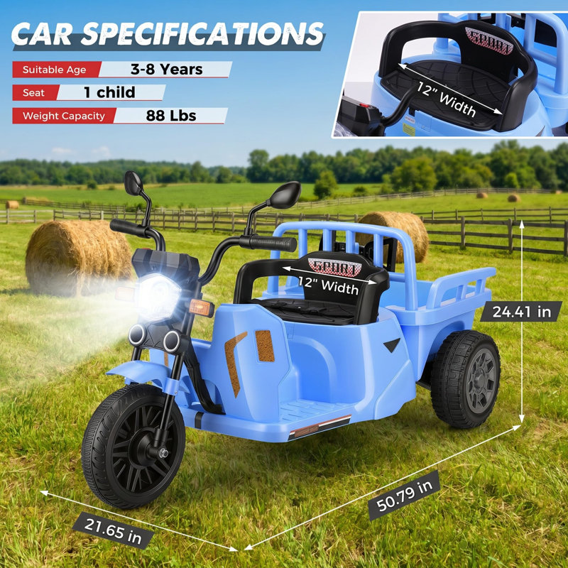 Voiture électrique à 3 roues 12V pour enfants de 3 à 5 ans avec pelle à sable, Bleu foncé