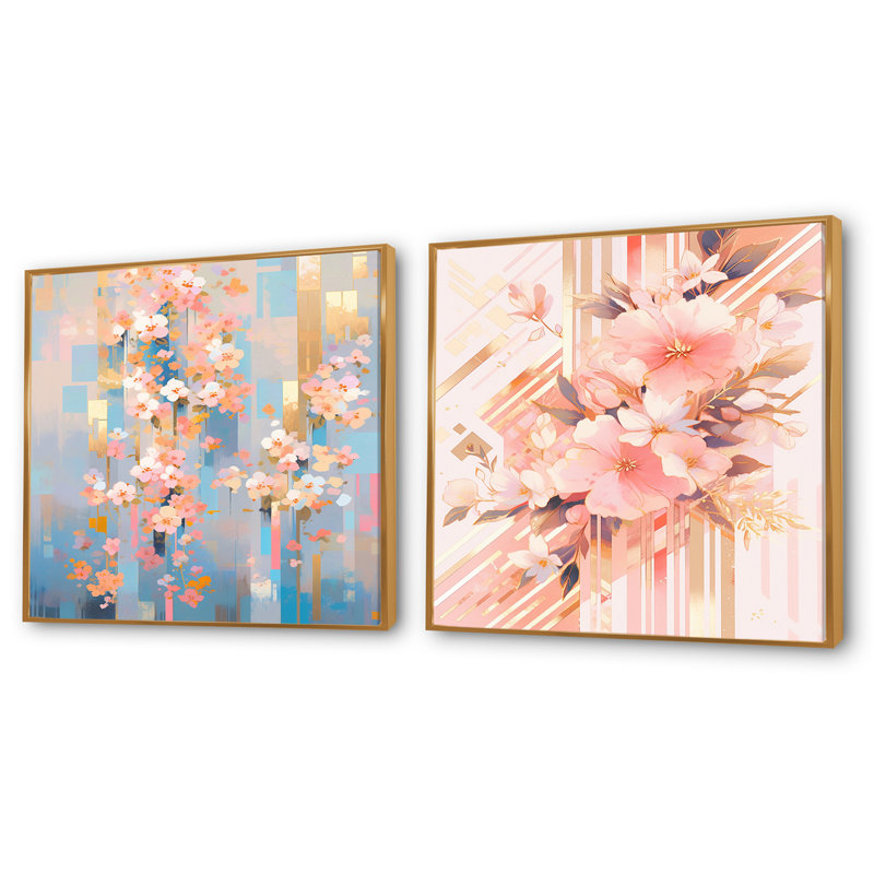 Fleurs de cerisier rose modernes Bold Stripes V - ensemble de 2 carrés de fleurs de cerisier carrés, Cadre flottant doré
