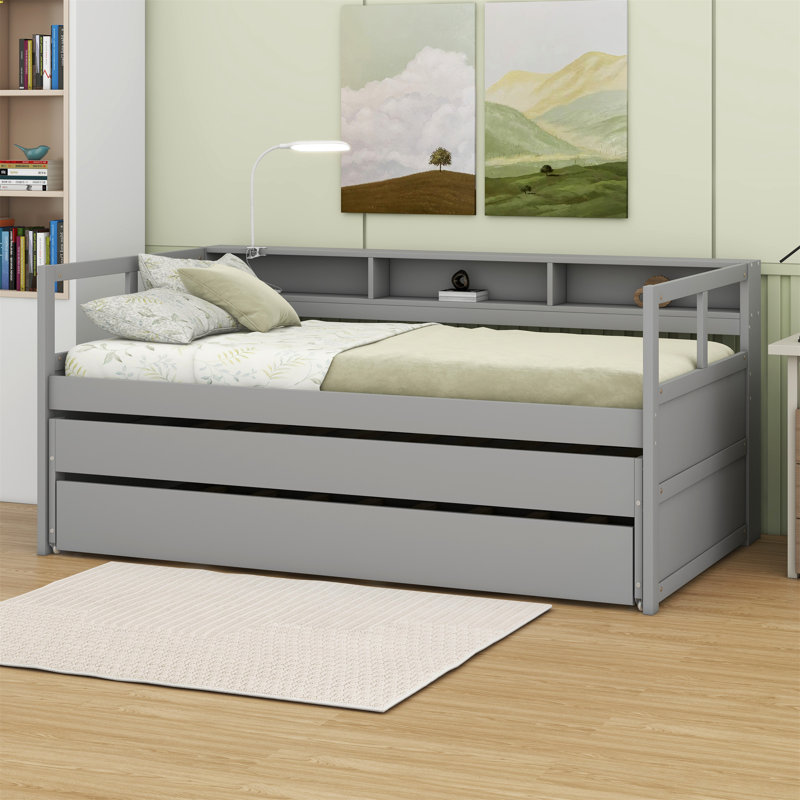 Lit de jour en bois avec 2 gigognes, 3 tablettes de rangement, 1 lampe gratuite et chargement USB, Gris