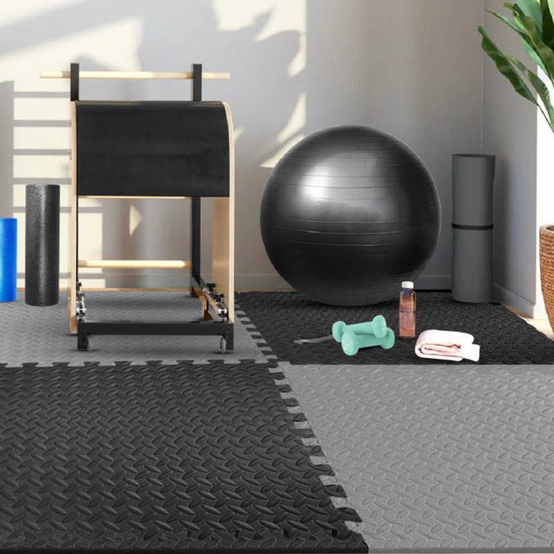 Black and Gray EVA Foam Interlocking Gym Floor Tiles, 12'' x 12''