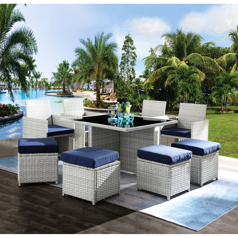 9 pièces en tissu bleu et bistro - chaises, repose-pieds, salle à manger et tabouret 9 pièces