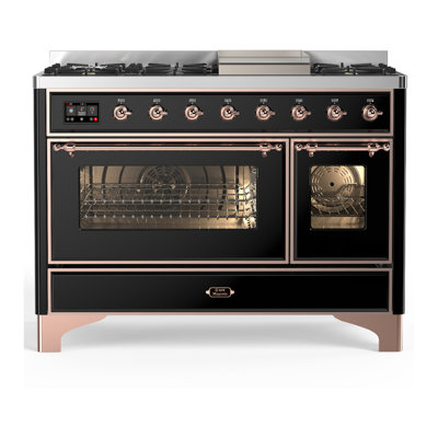 Majestic III Series 48 Inch Dual Fuel Range with 5 Sealed Burners, Griddle, Frenchtop in Glossy Black (Natural Gas, Copper Trim)