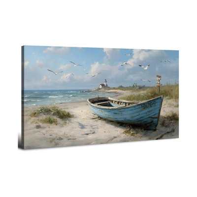 Plage, art mural, bord de mer, nautique, toile, image, bateau naturel, mouette, paysage marin, œuvre d'art, décor de salle de bain, décor rustique, bord de mer, paysage, salon, chambre à coucher, décoration intérieure, 24 x 48 po