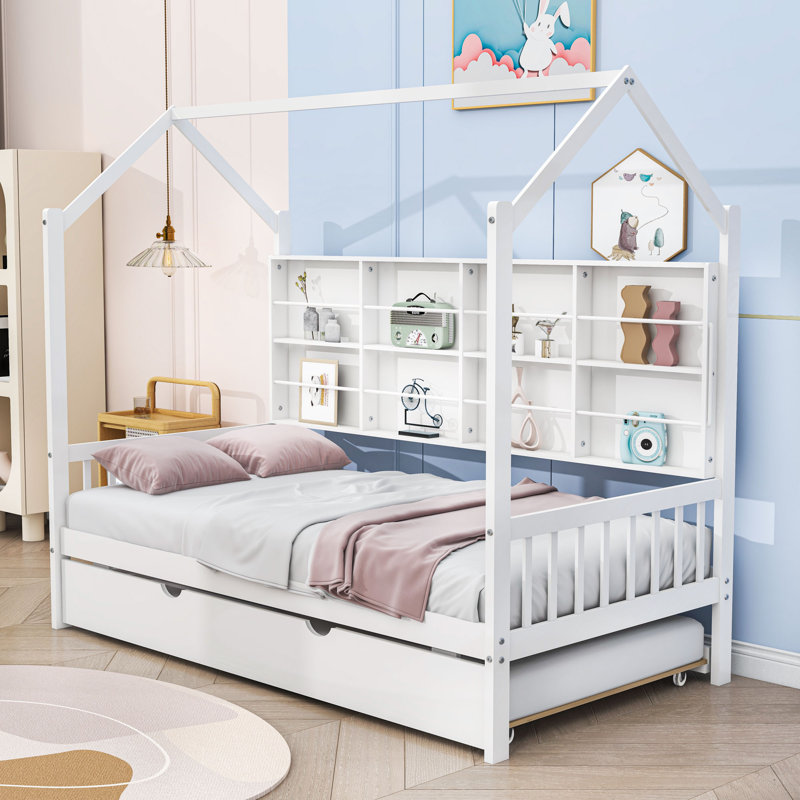 Kip Wooden Platform Bed with Trundle, White, Twin