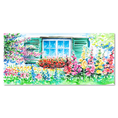 Géranium rouge devant une fenêtre bleue - peinture sur toile