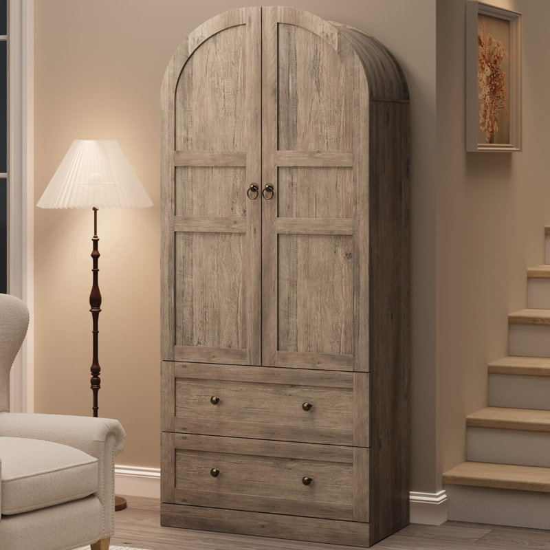 71" Tall Arched Bookcase Cabinet, Wood Arched Bookshelf with Doors & Drawers, Large Arch Display Bookcase Cabinet with Storage, Farmhouse Storage Cabinet for Office Living Room, Retro Gray