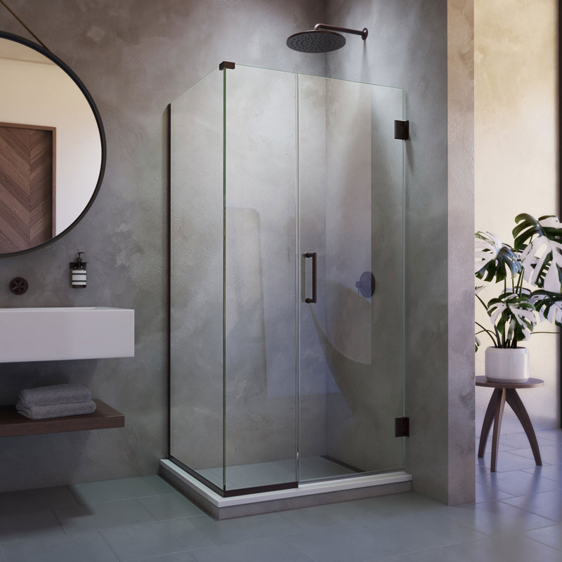 Cabine de douche rectangulaire sans cadre à panneau fixe Unidoor Plus, Bronze frotté à l'huile, Clair