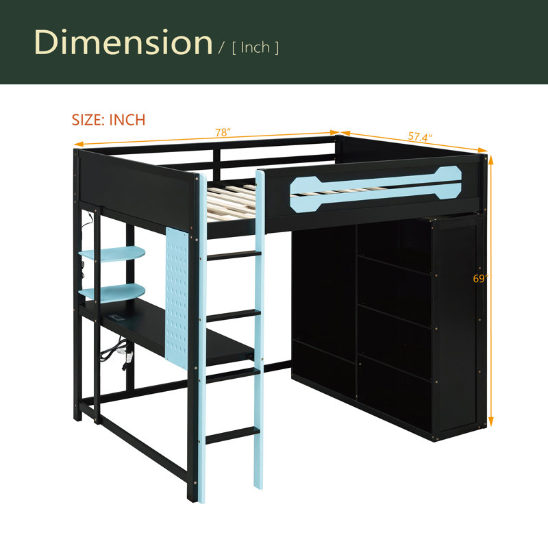 Lit mezzanine en bois pleine grandeur avec bureau, garde-robe ouverte et lumière RVB, Bleu / Noir
