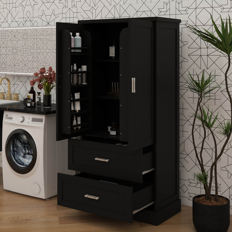 Armoire de rangement haute pour salle de bain avec tablette réglable pour optimiser l'espace et deux portes et tiroirs, Noir