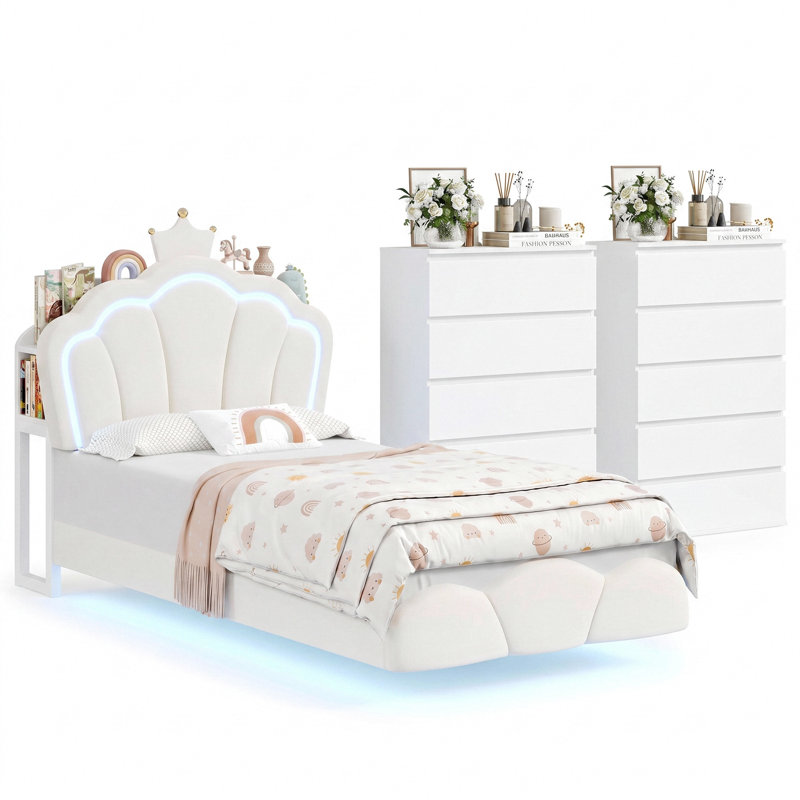 Ensemble de chambre à coucher 3 pièces avec lit de rangement flottant et 2 commodes à 5 tiroirs, Blanc, Lit simple