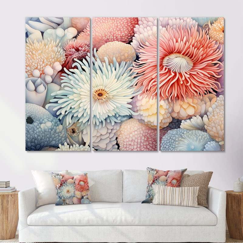 «Sea Anemone Pastel Elegant - Coastal Coral Under Water», ensemble d'art sur toile, Toile tendue, H 28 po x l 36 po x P 1 po