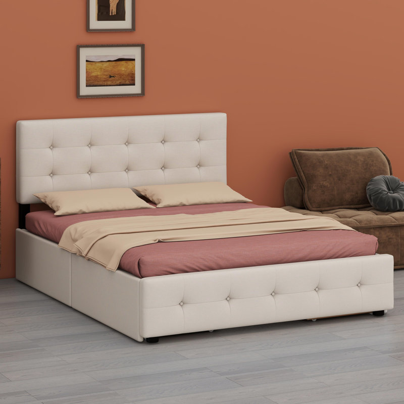 Lit plateforme tapissier avec tête de lit classique et tiroirs, Beige