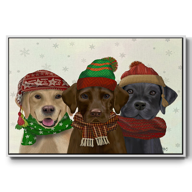 Christmas 3 Winter Labs, reproduction d'art sur toile, H 17 po x l 25 po x P 1,5 po, Cadre flottant blanc