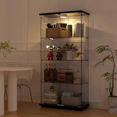 Black Wood Display Cabinet With Tempered Glass Doors and 3-Color LED Lights