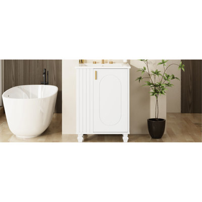 Meuble-lavabo classique de 23,46 po avec lavabo, planches, charnières à fermeture douce, rangement latéral ouvert, trous de robinet pré-percés, pieds en bois massif rétro, quincaillerie élégante, espace sous le lavabo, dossier