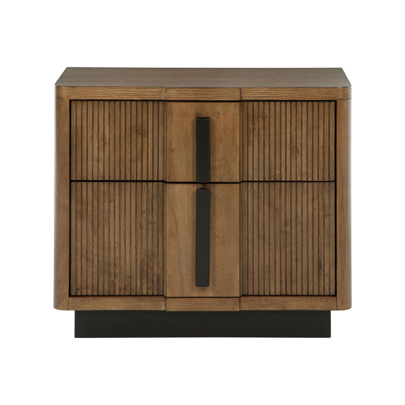 Table de chevet 2 tiroirs en bois avec poignées verticales brun cendré