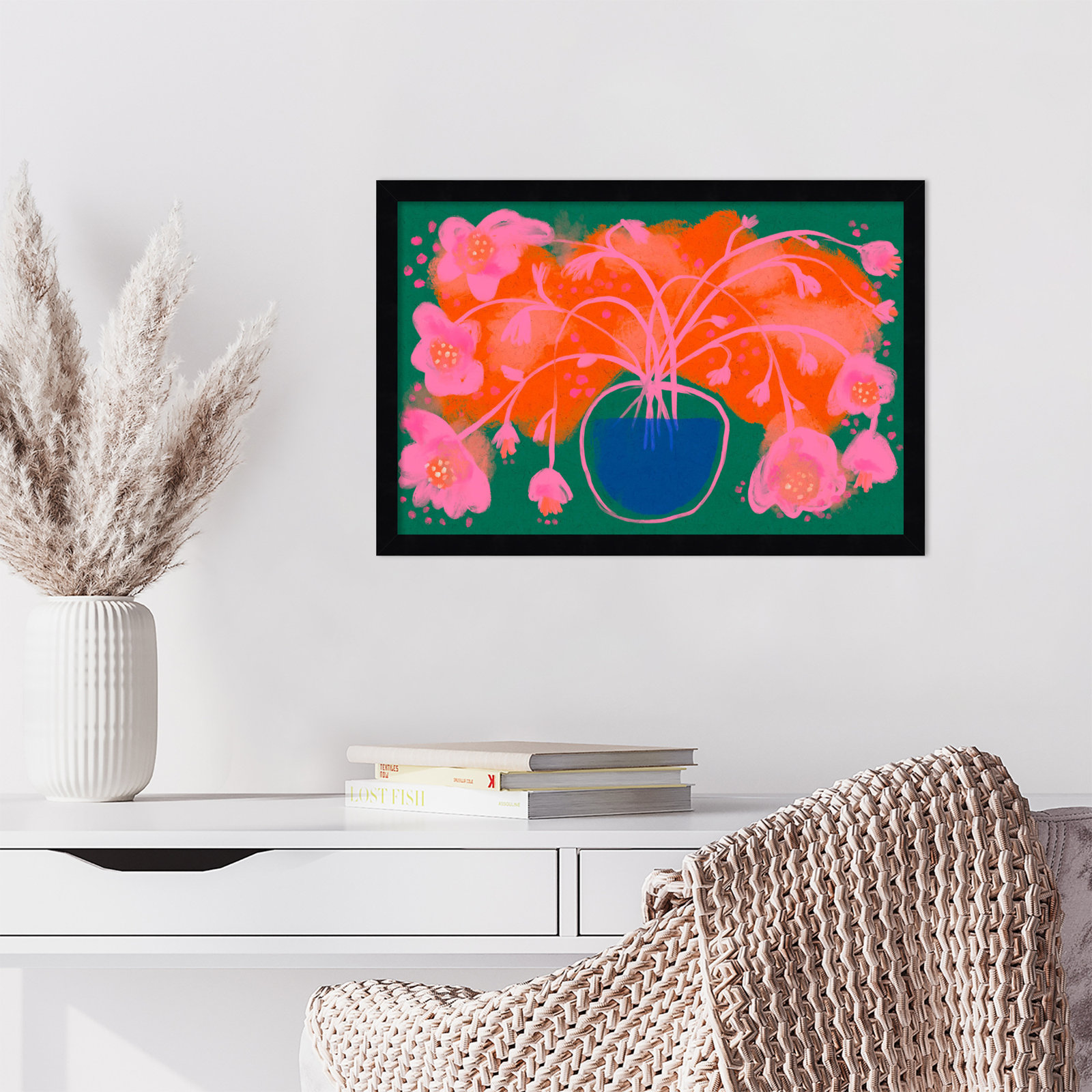 Pink Flower Bouquet by Treechild  Wood Framed Wall Art Print, Black, 15" H x 21" W