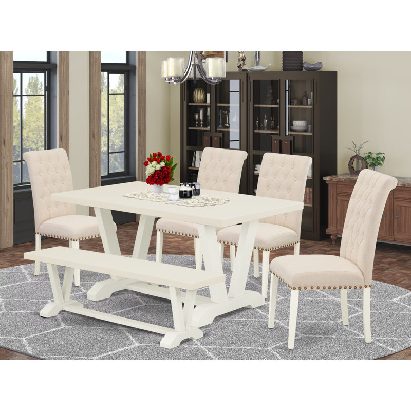Ensemble de table de salle à manger 6 pièces comprenant une table de salle à manger rectangulaire et 4 chaises Parson en tissu de lin beige clair avec banc, multicolore