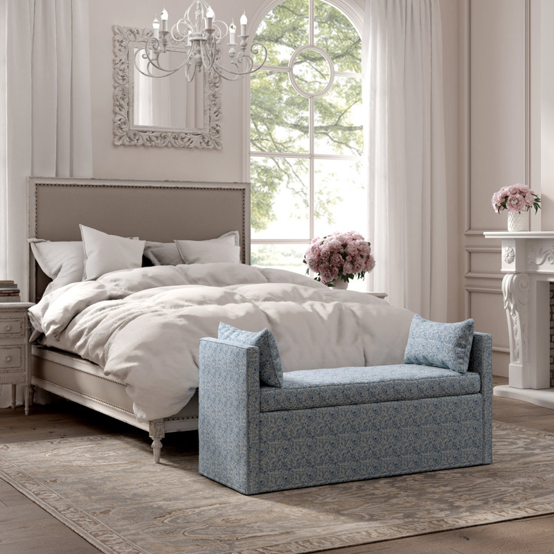 Ramvir 53" Upholstered Linen Paisley Bench, Blue And Black