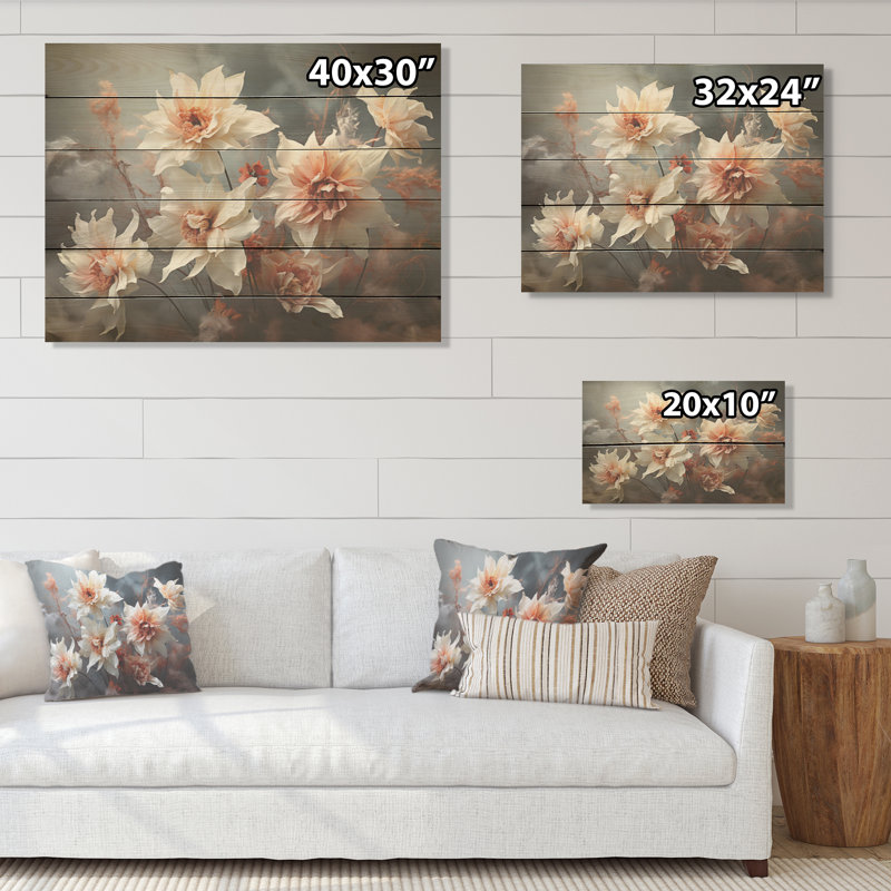 Pink And Gray Daffodils Storm - Daffodils Wood Wall Art On Natural Pine Wood, 30" H x 40" W