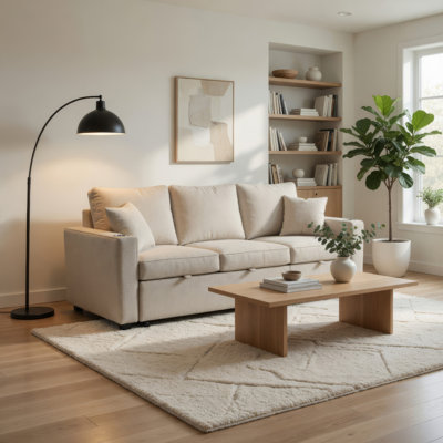 Canapé-lit modulaire Dily avec lit escamotable et 2 coussins, beige