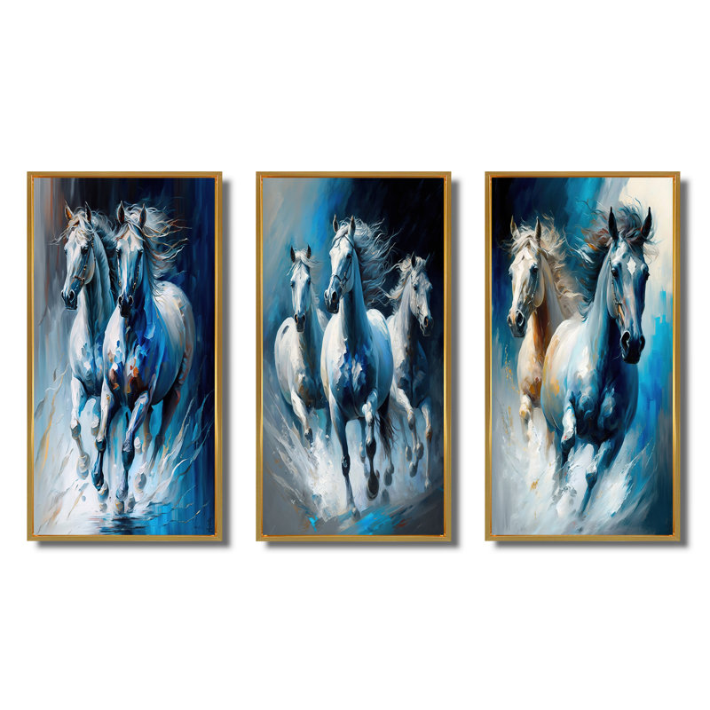 3 pièces sur toile - Chevaux qui courent, Or, H 32 po x l 48 po