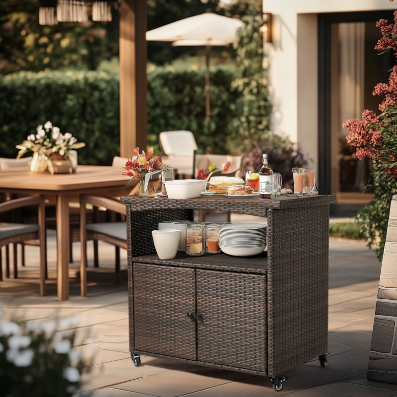 Brown Rattan Bar Table With Wheels
