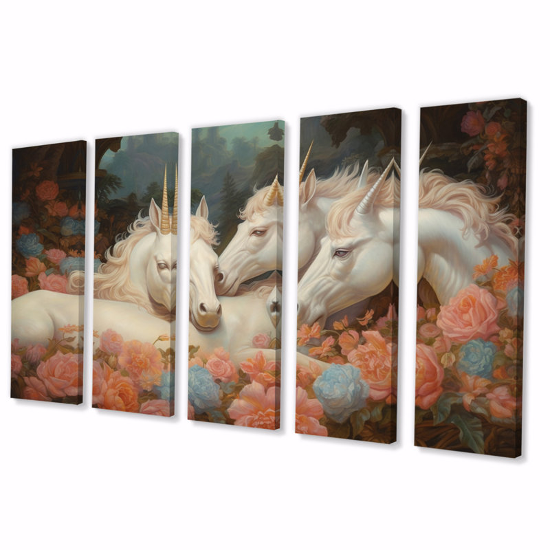 Mignonnes licornes qui dorment ensemble dans un champ de fleurs II - art mural sur toile Licorne fantastique - 5 panneaux égaux