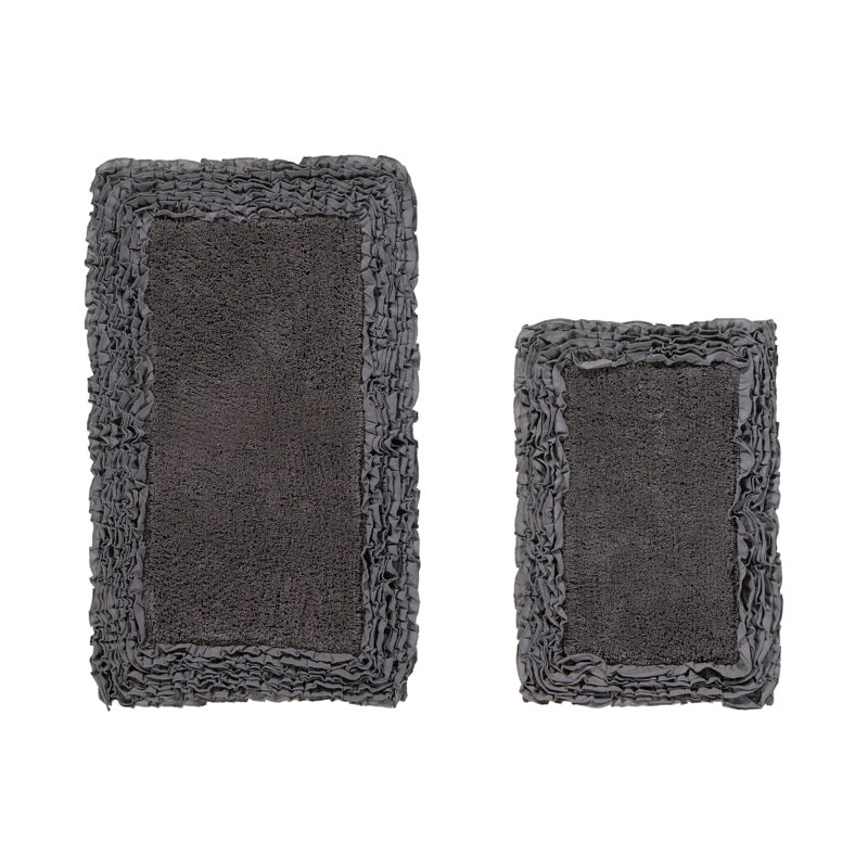 Courson Premium 100% Cotton 1775 GSM 2-Piece Bath Rug Set, OEKO-TEX® Certified, Non-Slip Spray Latex Backing, Plush Tufted Ruffle Pattern, Super Absorbent, Machine Washable Bathroom Rugs, Gray