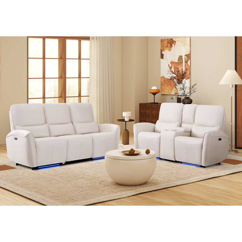 Ensemble de salon inclinable électrique en microfibre 2 pièces avec console et bandes lumineuses ambiantes Roland, White