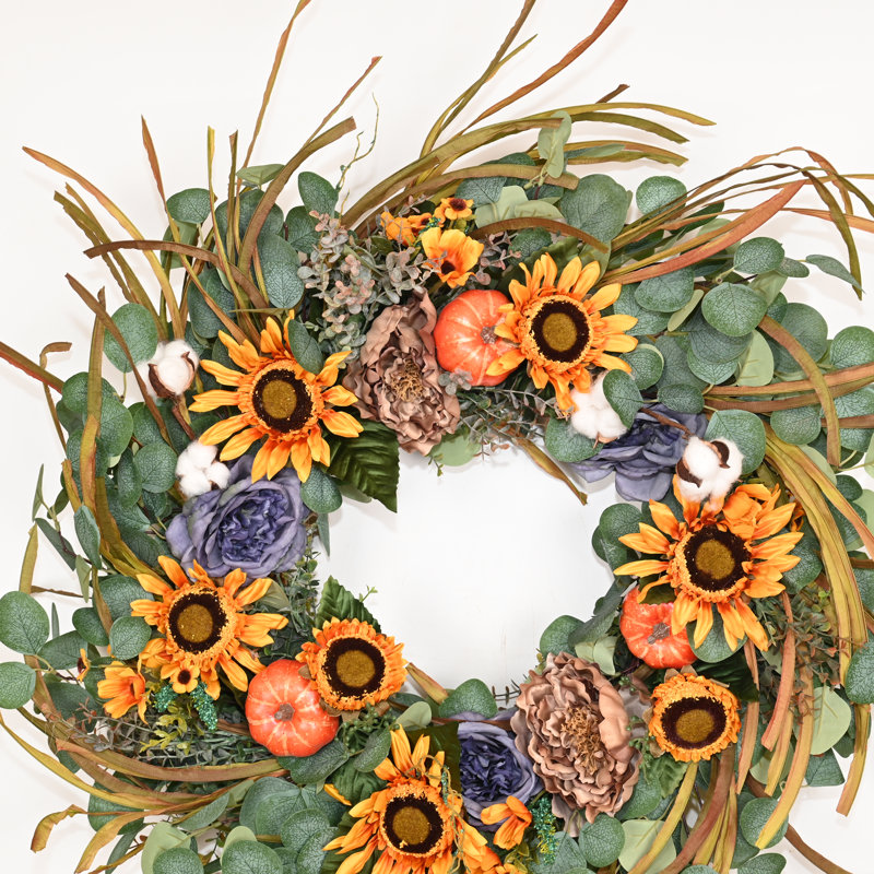 Artificial Fall 28" Floral Wreath for Thanksgiving Day, Blue, Yellow, Green