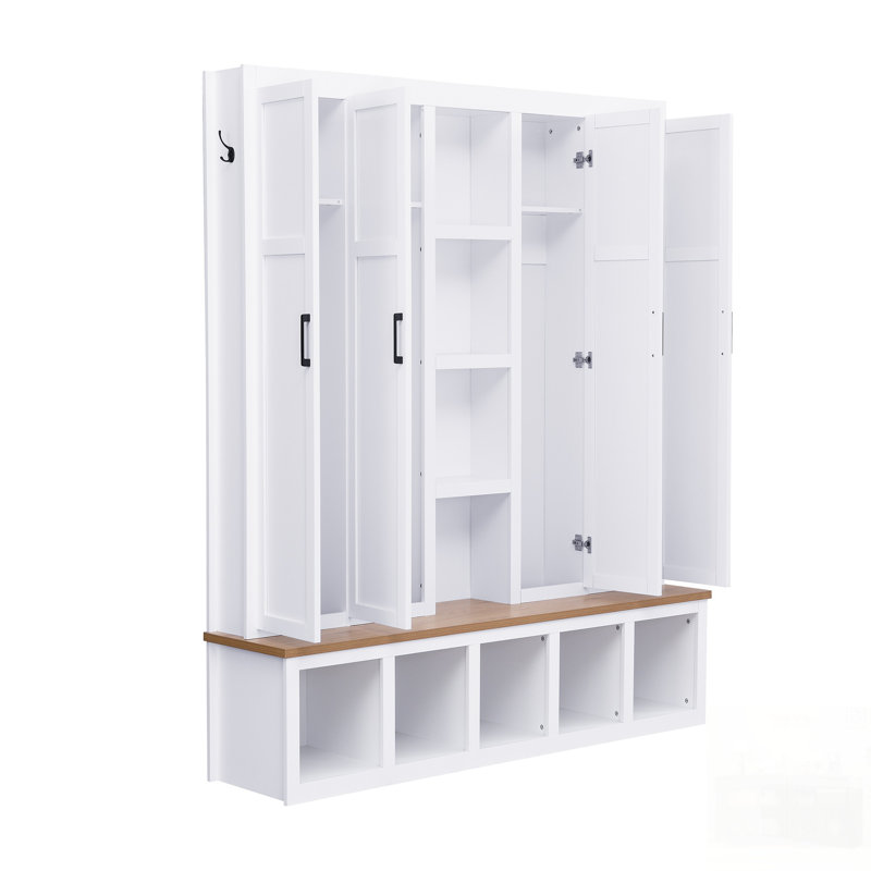 Farmhouse 4-in-1 Hall Tree with 6 Hooks, Storage Bench, and Shoe Cabinet for Entryway, Living Room, White