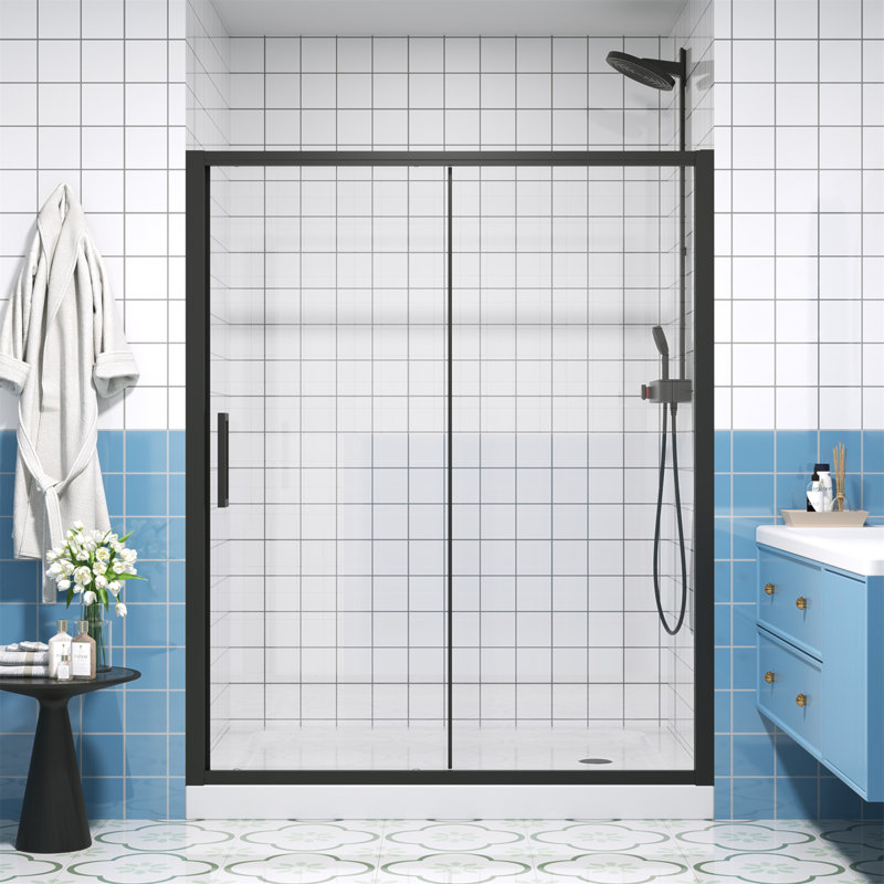 Single Sliding Shower Door 56-60" W X 72" H Semi-Frameless Shower Glass Panel, 1/4" (6Mm) Clear Tempered Glass, Transparent Safety Film For Glass,Aluminium Alloy Matte Black,Reversible Installation