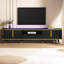 Meuble télé minimaliste pour téléviseurs de 85 po, construction, accents noirs et or, avec tablette de rangement élégante et élégante, garniture dorée, construction