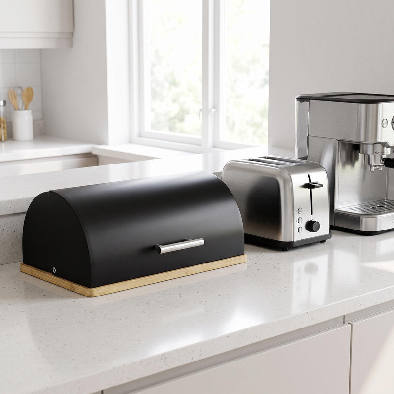Stainless Steel Bread Box with Rubber Wood Base, Large Capacity Bread Storage Container for Kitchen Countertop