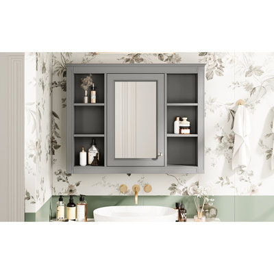 35''x27.5'' Bathroom Storage Cabinet With Mirror, Wall Mounted, Grey, Versatile Shelving, Mounted Mirror For Bathroom, 35''x27.5'', Board, Spacious